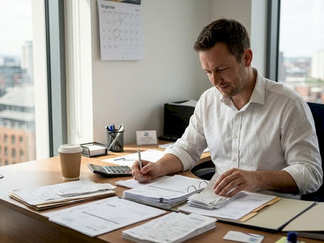 Business owner sorting receipts in bright office