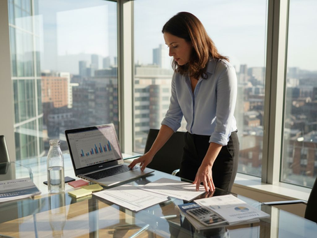 Payroll manager reviews comparison charts in sunlit office