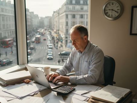 Manager reviewing payroll in busy UK office
