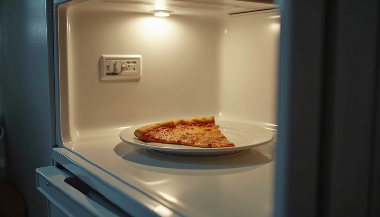 Eye-level view of a cozy kitchen fridge with a single slice of pizza on a plate