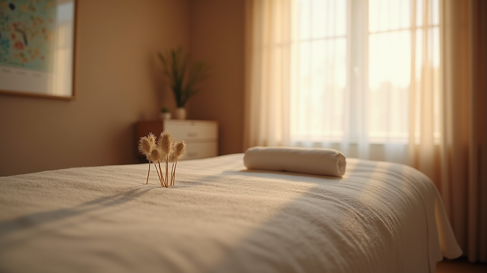 Eye-level view of a serene acupuncture treatment room