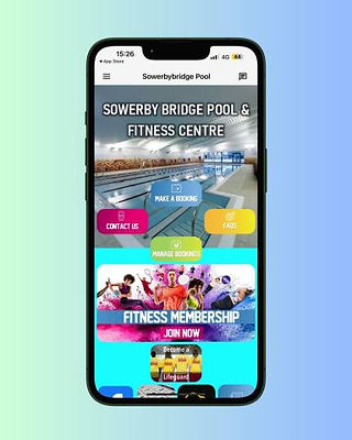 Mobile phone showing the Sowerby bridge pool fitness centre app