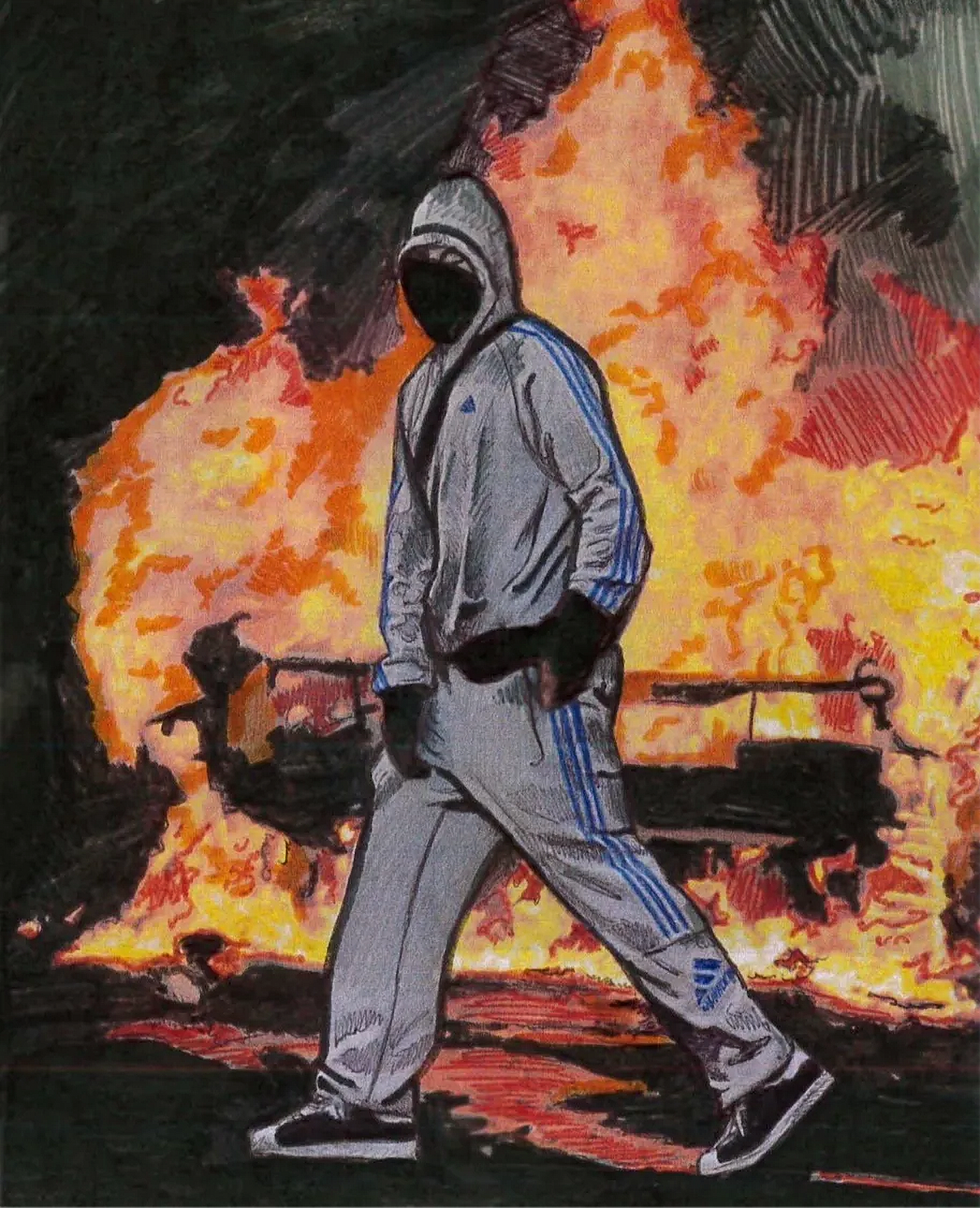 Art showing riot in the city