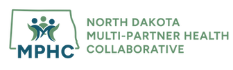 Icon with the green outline of North Dakota with blue and green silhouettes of people inside. Next to it is the words "North Dakota Multi-Parner Health Collaborative"