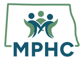 Icon with the green outline of North Dakota with blue and green silhouettes of people inside. Beneath it are the letter "MPHC"