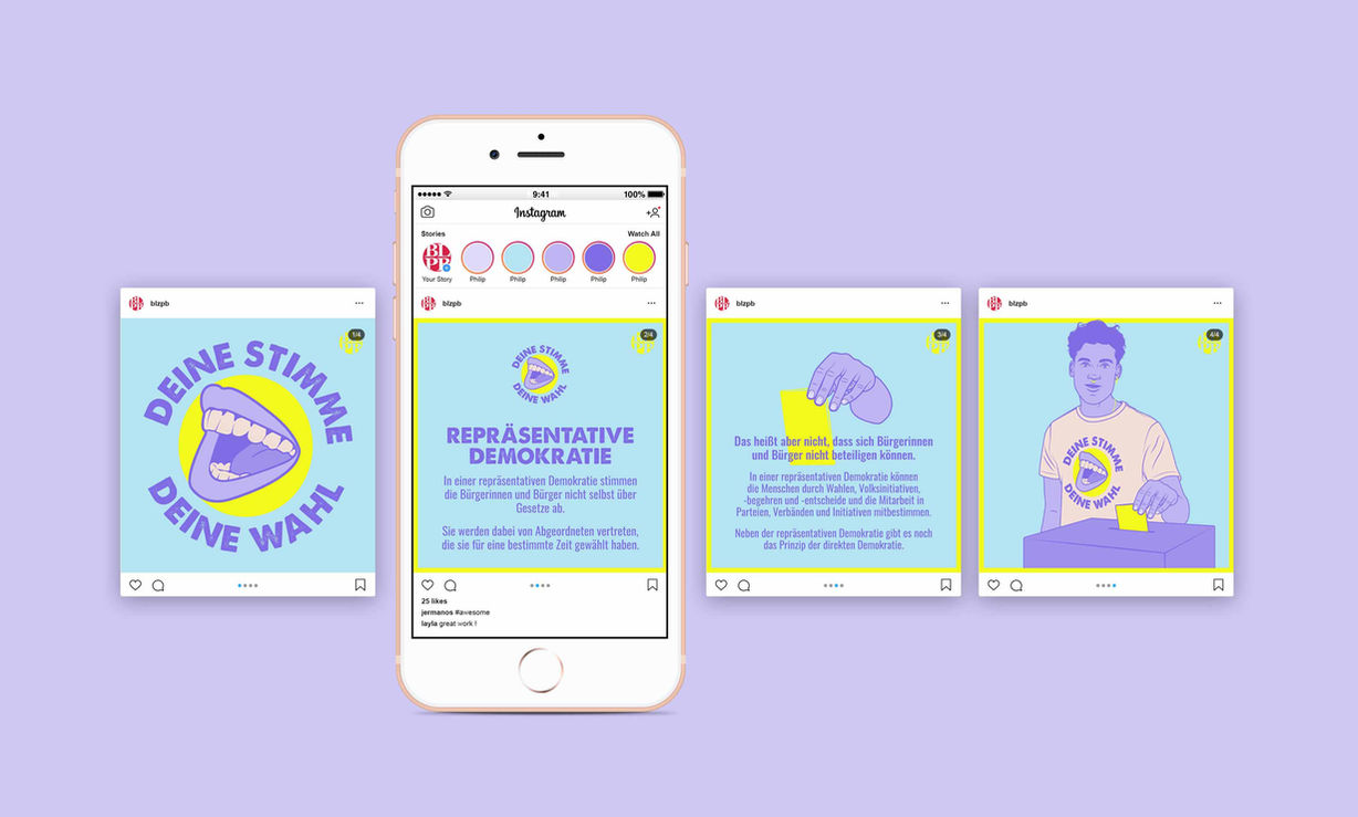 Ein Smartphone mit der Benutzeroberfläche von Instagram und 4 nebeneinander angeordnete Bilder, die einen Instagram Post darstellen. Auf dem ersten Slide eine Illustration eines Mundes, drumherum angeordnet der Claim "Deine Stimme Deine Wahl". Auf dem zweiten und dritten Post eine Erklärung, was repräsentative Demokratie ist und wie sie funktioniert. Auf dem vierten Slide eine Illustration eines Jungen, der einen Wahlzettel in eine Wahlurne wirft.