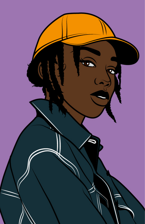 Eine schwarze Frau in einer Jeansjacke mit halblangen geflochtenen Zöpfen und einem gelben Basecap.