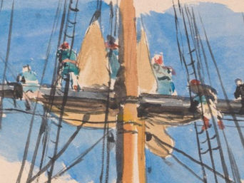 A watercolour drawing shows a sketch painted image of a ship’s mast, with multiple lascar sailors working on the rigging. The image is painted from below, as if the viewer is looking up at the men as they work. The immediate background around the sketched painting is a bright blue to capture the impression of sky.