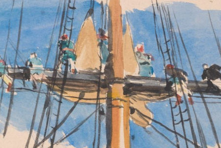 A watercolour drawing shows a sketch painted image of a ship’s mast, with multiple lascar sailors working on the rigging. The image is painted from below, as if the viewer is looking up at the men as they work. The immediate background around the sketched painting is a bright blue to capture the impression of sky.
