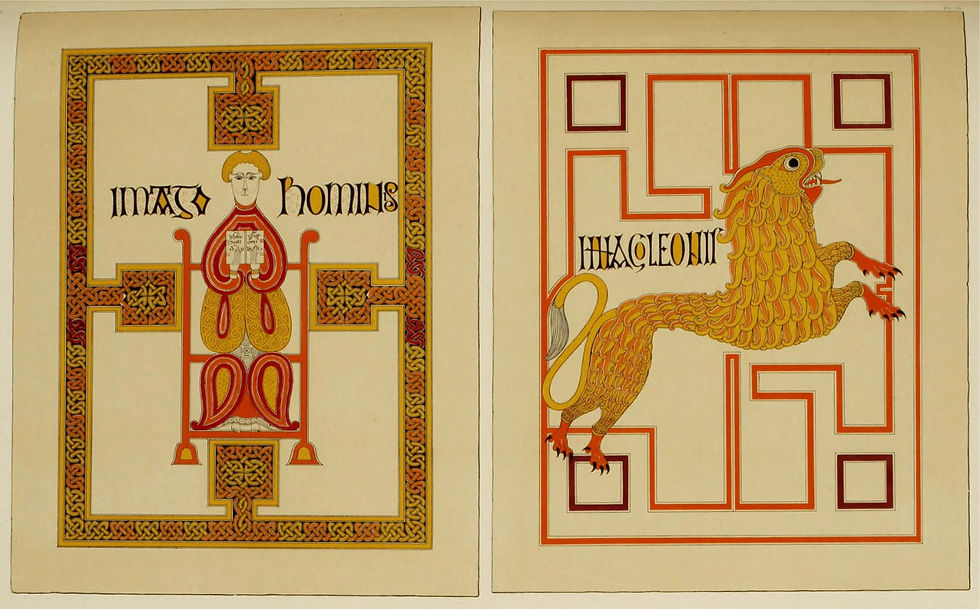 An image shows a two-page spread of colorful red and yellow line drawings. On the left page, an image of St. Matthew stylized in the style of an early 9th century illuminated manuscript is shown, with a decorative pattern framing the page. On the right side, an illustration of a lion, mid-jump, is featured in the middle of a page with a simple red box pattern on the page behind it.