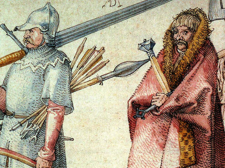 The image shows a color drawing by the artist Albrecht Durer. In the drawing, five figures are seen in various poses. On the left, two men lean towards each other in conversation as they appear to be walking. They hold various weapons, including sword and bow. Towards the right side of the frame, two other male figures appear. With their blond hair exposed, these men also appear to be conversing while checking on their weapons. A singular figure, positioned between the two groups, though much closer to the blond men on the right side, stares out towards the viewer. The figure holds a large sword and is wrapped in a pink cloak with fur trim.