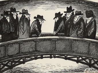 A black and white cartoon shows a bridge with two groups of men on opposing sides. At the front of each group stands a shorter man, hunched slightly, with hands cuffed. The men all wear dark suits and hats, and look like caricatures of spies. 