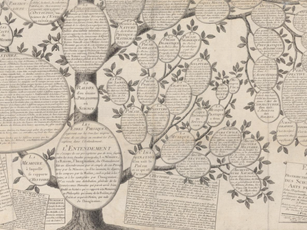A black and white line drawing shows a confusing shape, which, from afar, looks somewhat like a cactus or a close up of cellular structures. On closer inspection, the image shows a tree with huge bubbly leaves that each show a different topic or subject. The text is in French, and a large bubble labeled “Histoire” appears in the lower left. 