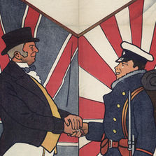 A political poster depicts two men shaking hands. On the left, John Bull dressed in white pants, a yellow vest, and a black suit jacket with top hat stands in front of the Union flag. On the right, a Japanese solider wearing cold weather uniform and service hat, holding his firearm next to him, stands in front of the Japanese flag. The two men shake hands. The top of the poster reads “Vote for the Conservatives” and the bottom reads “Who Gave You the Alliance.”