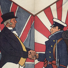 A political poster depicts two men shaking hands. On the left, John Bull dressed in white pants, a yellow vest, and a black suit jacket with top hat stands in front of the Union flag. On the right, a Japanese solider wearing cold weather uniform and service hat, holding his firearm next to him, stands in front of the Japanese flag. The two men shake hands. The top of the poster reads “Vote for the Conservatives” and the bottom reads “Who Gave You the Alliance.”