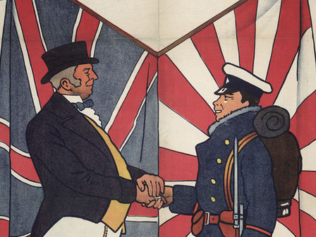 A political poster depicts two men shaking hands. On the left, John Bull dressed in white pants, a yellow vest, and a black suit jacket with top hat stands in front of the Union flag. On the right, a Japanese solider wearing cold weather uniform and service hat, holding his firearm next to him, stands in front of the Japanese flag. The two men shake hands. The top of the poster reads “Vote for the Conservatives” and the bottom reads “Who Gave You the Alliance.”