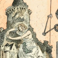 An illustration in mostly grayscale, with only a light pinkish sky and pops of light red for color, shows a decaying castle-like structure. Atop the structure, a woman lays dejectedly among the decay. A large robotic figure holding a light bulb and “T” looms behind and over the structure. Smaller human figures throughout the bottom portion of the crumbling structure engage in various activities.