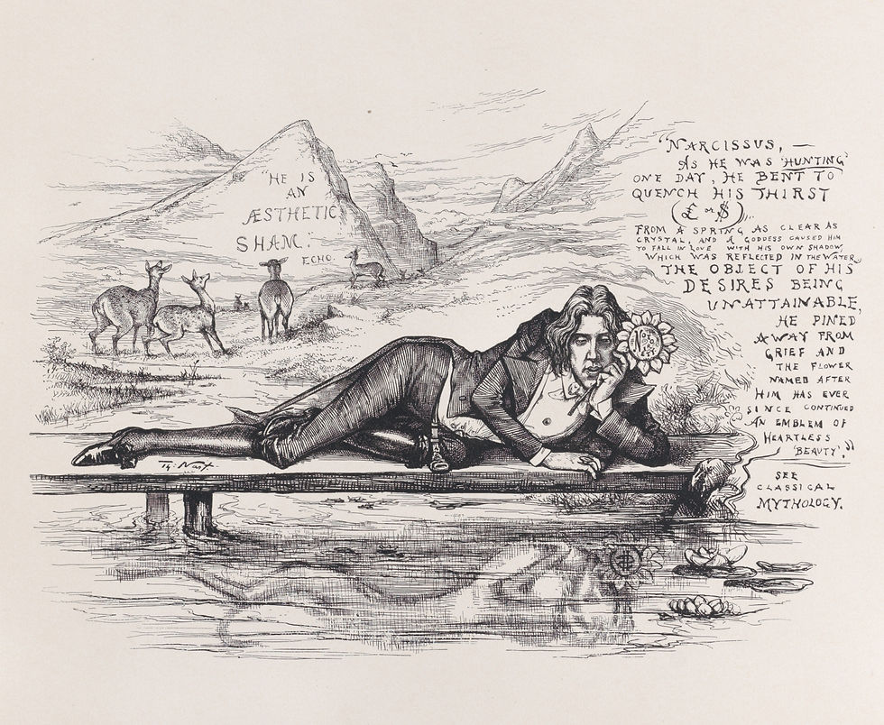 A black and white ink print shows Oscar Wilde depicted as Narcissus. Wilde lays on his side, stretching along a dock and gazing at his reflection in the water below. A printed text on the right side of the image suggests that avarice is the driving force behind the author’s exaggerated public persona.
