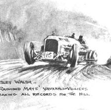 A black and white ink drawing shows a Vauxhall car rounding the top of a curve, appearing to come at the viewer. The drawing evokes speed, and the car appears to be racing at the viewer who stands uphill. A written caption reads “Shelsley Walsh – Mr. Raymond Mays’ Vauxhall-Villiers Breaking all Records for the Hill.” The detail is from a larger spread featuring British cars in different races
