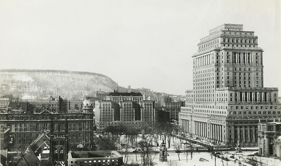 Windsor Hotel, Dominion Square and Sun Life buildings, and Mount Royal from Windsor Station, Montreal, QC, ca. 1930. McCord Stewart Museum, M2011.64.2.3.49.