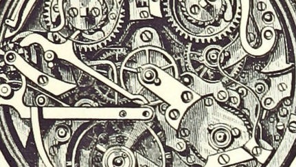 A black and white print shows the internal gears of a chronograph. The circular shape of a watch or clock face is stuffed with machine parts. Gears, axels, and cogs all intersect in a busy pattern.