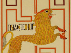 An image shows a colorful red and yellow line drawing. Pulled from the page of book of facsimilies of 9th century illuminated manuscripts, the image shows a lion, mid-jump in the center of the page. A simple red boxed pattern decorates the page behind the figure of the lion. 