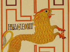An image shows a colorful red and yellow line drawing. Pulled from the page of book of facsimilies of 9th century illuminated manuscripts, the image shows a lion, mid-jump in the center of the page. A simple red boxed pattern decorates the page behind the figure of the lion. 