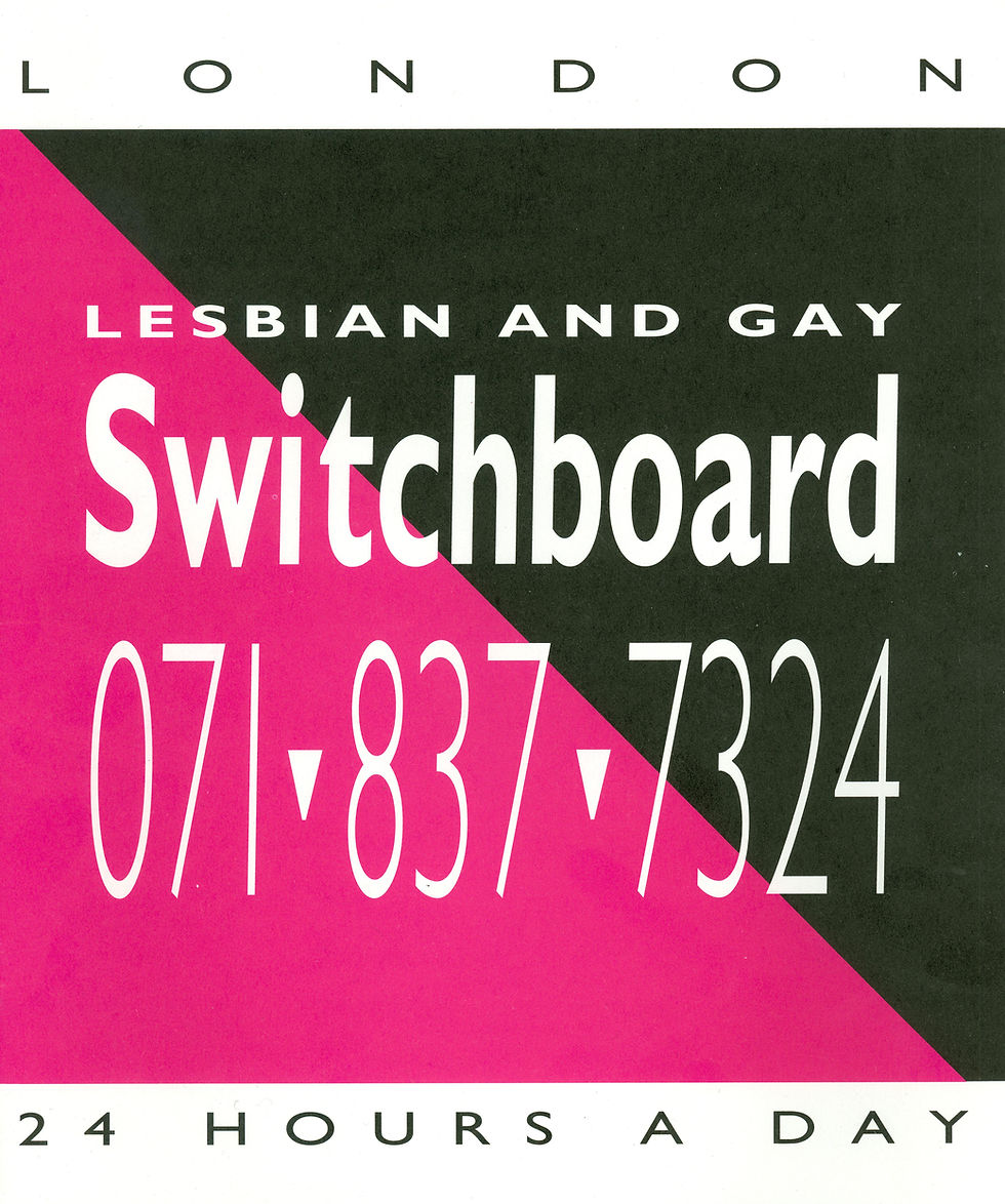 An undated graphic advertises the Lesbian and Gay Switchboard. A large square is split diagonally, with the left side a bright pink and the right side black. White wording reads “Lesbian and Gay Switchboard, 071-837-7324.” A white stripe above and below the square features black text. The top reads “London” and the bottom advertises “24 Hours a Day.”