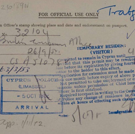 An image shows a travel visa granted to Gorgios Grivas by the British government in Cyprus. The visa shows the number, date, authority and has handwritten input with dates written in various places. A blue stamp that reads Temporary Resident (Visitor) with description appears slanted on the right side.