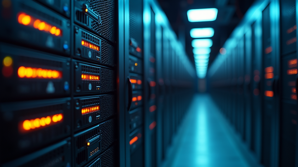 Eye-level view of a server room with blinking network equipment