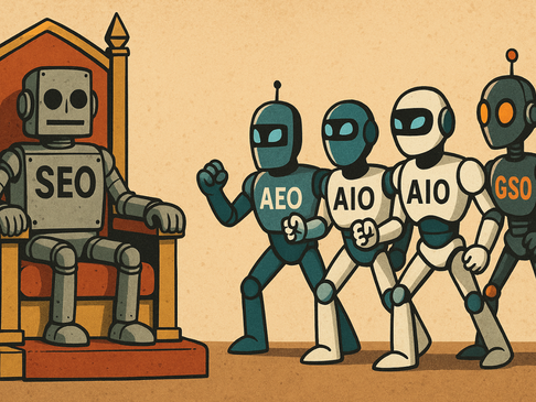 Illusration: an SEO robot sitting on a thrown and being thretened by four modern robots with different three-letter acronyms
