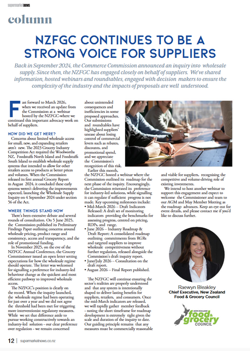 Supermarket News Column: Wholesale inquiry continues – NZFGC continues to be a strong voice for suppliers 