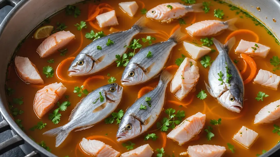 Close-up view of fresh fish poaching in aromatic broth