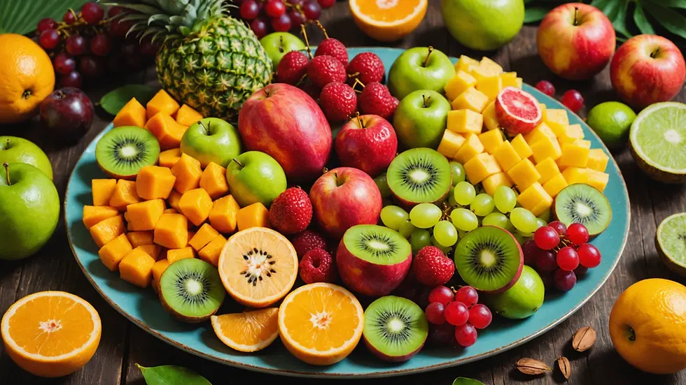 Eye-level view of a colorful fruit platter with tropical fruits