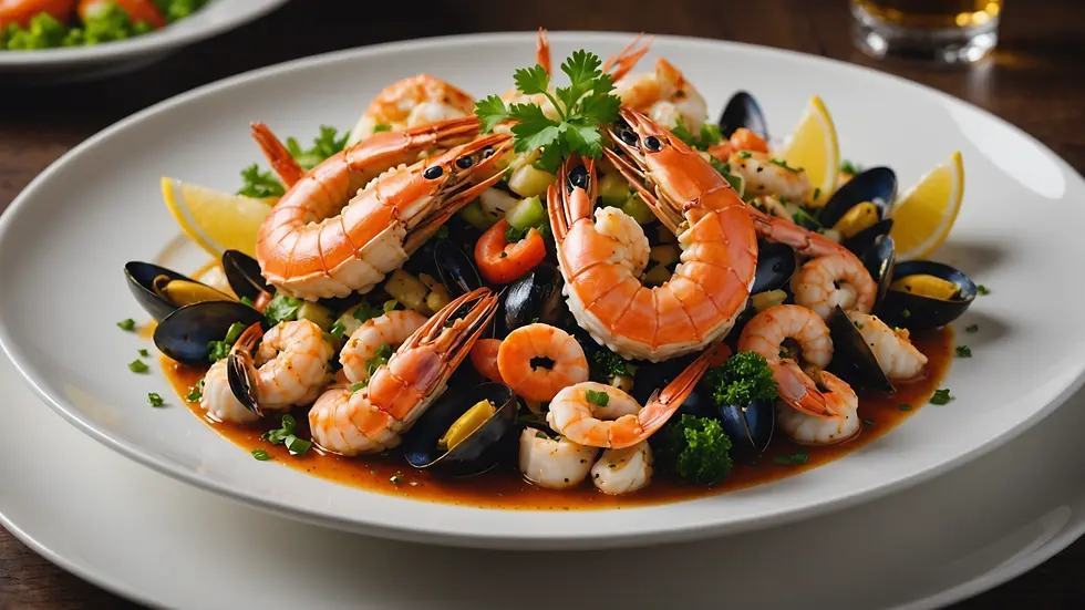 Eye-level view of a sumptuous plated seafood dish