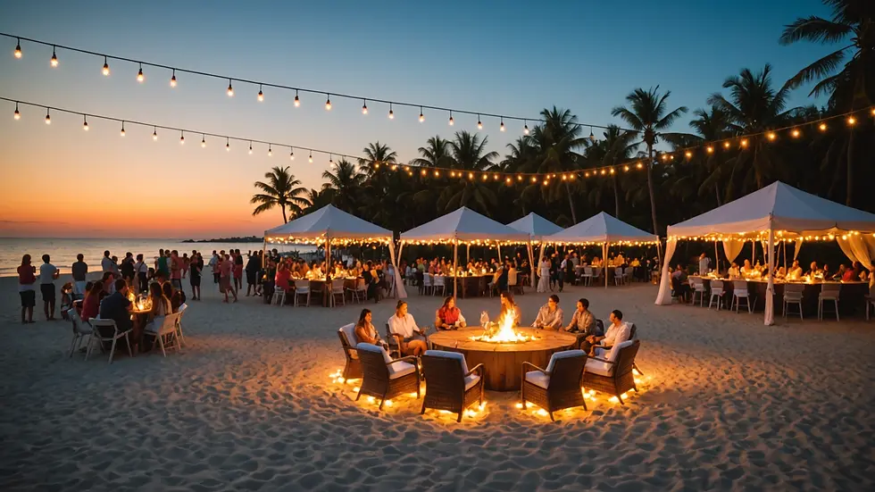 Wide-angle view of a beach party setup with mood lighting