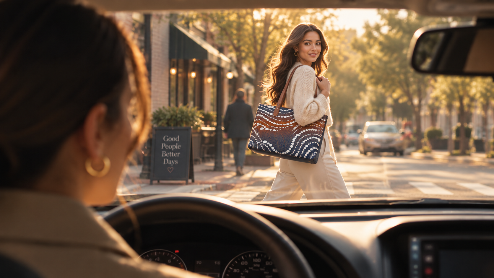 Woman driving and seeing a Suave billboard from her car