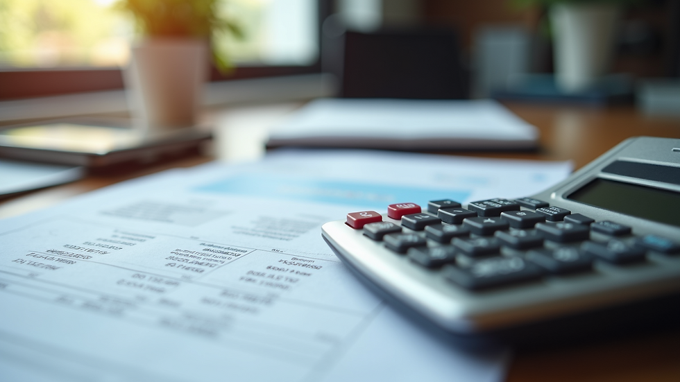 Close-up view of a calculator and payroll documents on a desk