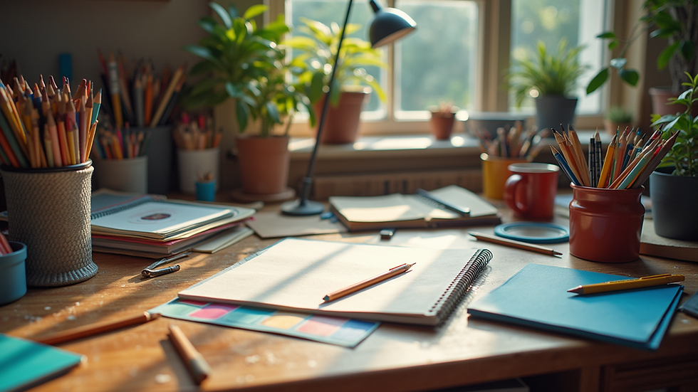 Eye-level view of a vibrant workspace with creative tools