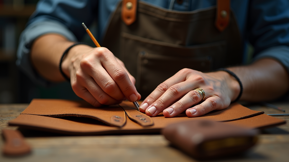 Eye-level view of a leather artisan sewing a leather bag