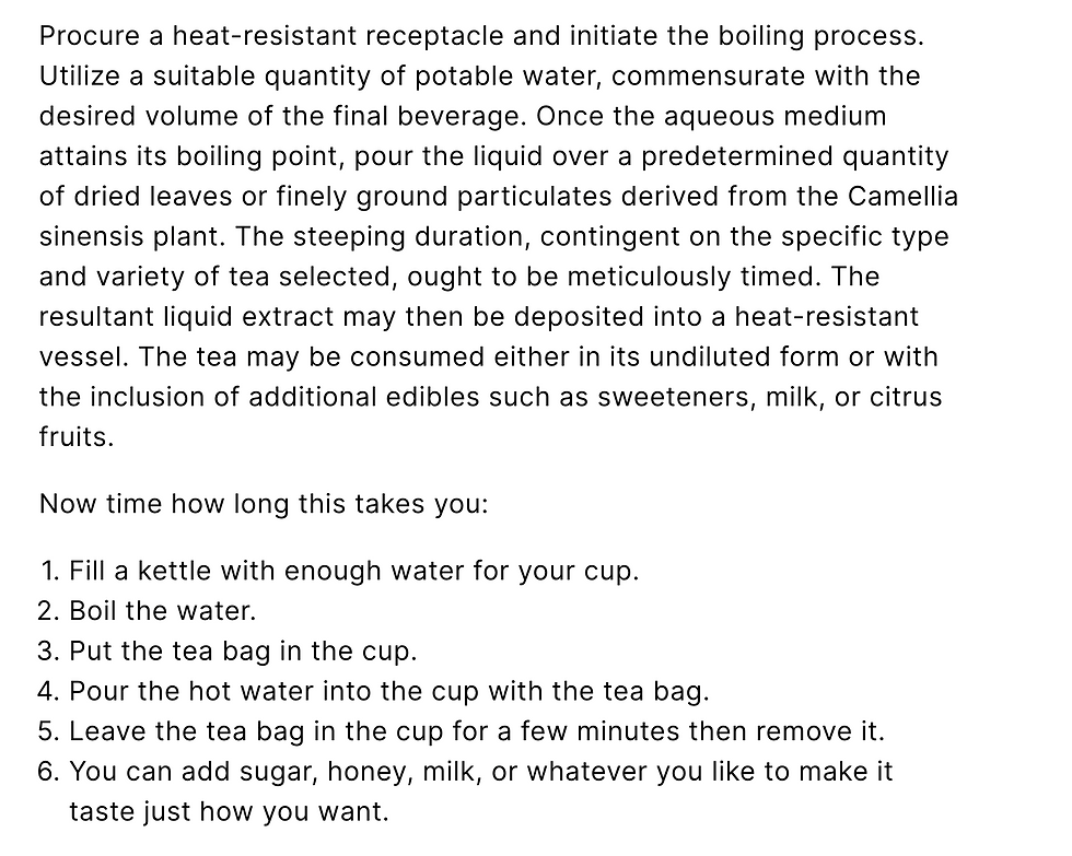Comparing complex and plain instructions for making tea, showing the clarity of plain language.