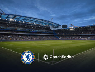 Stamford Bridge pitch under floodlights at dusk, with the Chelsea FC crest and CoachScribe logo side by side.
