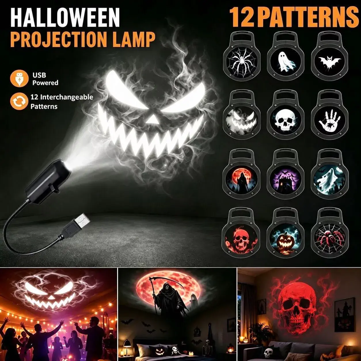 USB LED Projector Lamp with Switchable Halloween Patterns