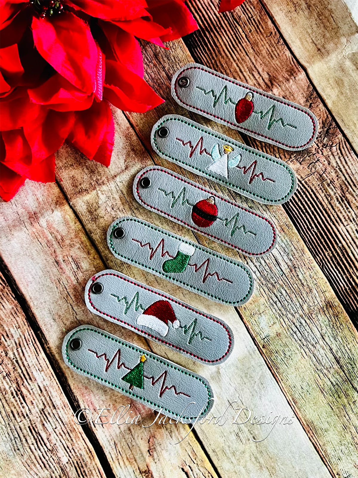 Christmas Heartbeat Keyfob Embroidery Design SET OF 6