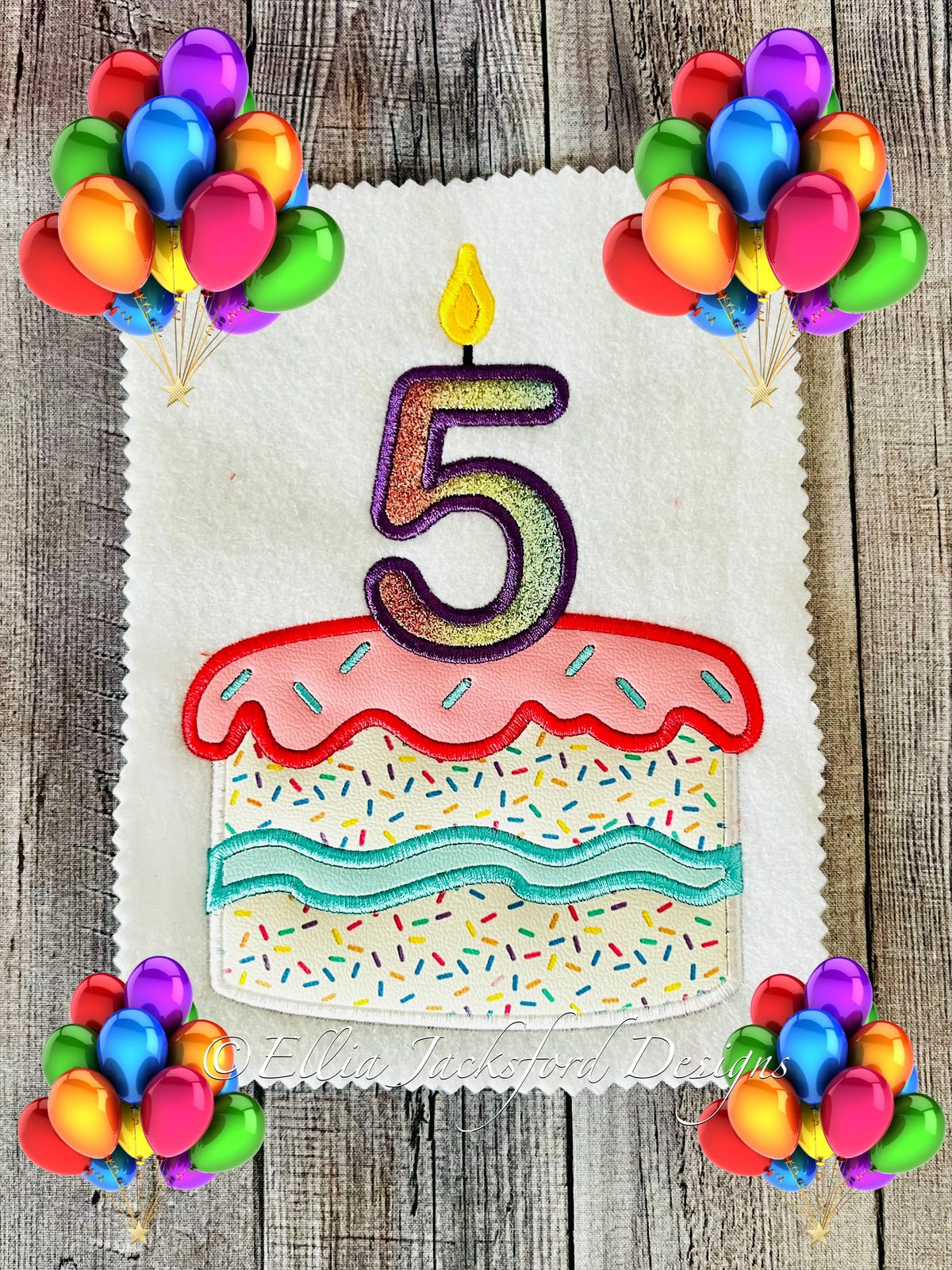 5th Birthday Cake Applique Embroidery Design 2 SIZES