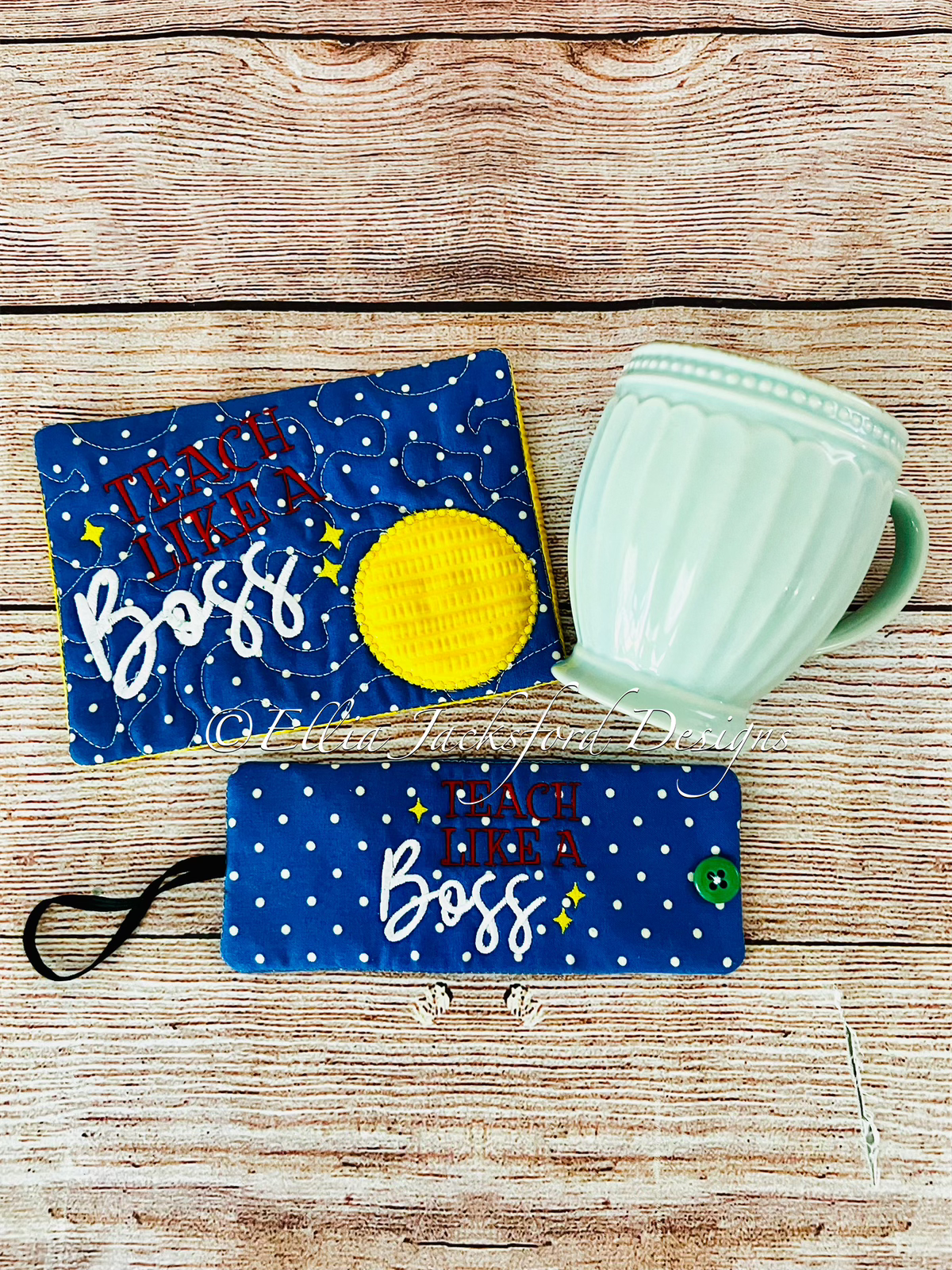 Boss Teacher Coffee Sleeve and Mug Rug Embroidery Design Set