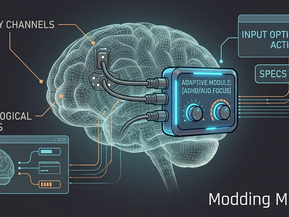An illustration titled Modding Mindset featuring a glowing, wireframe human brain on a dark background. An external electronic unit labeled 'Adaptive Module: ADHD/AUD Focus' is connected to the brain via cables. Surrounding floating UI panels display diagnostic labels including 'Sensory Channels,' 'Physiological Debuffs,' and 'Input Optimization Active'.