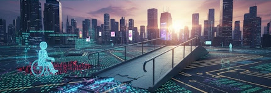 A digital representation of a person in a wheelchair, next to a wheelchair ramp in a city.