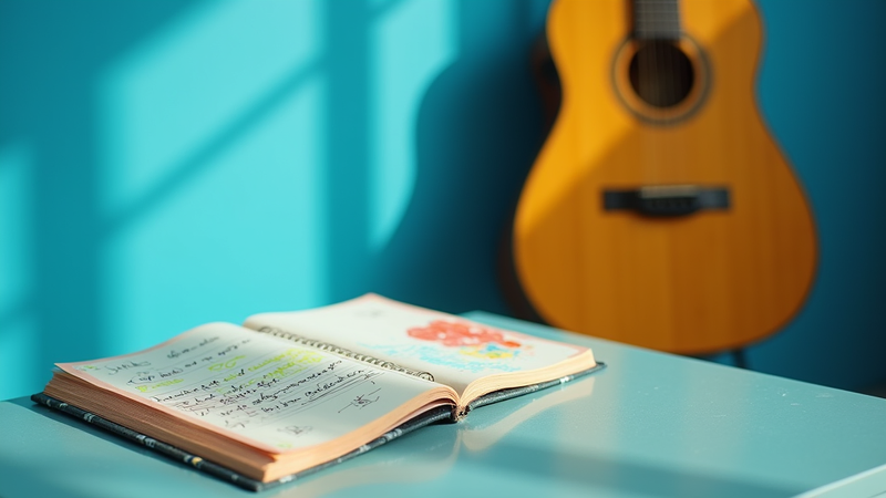Guitar against a wall and notebook on a desk with sunlight coming through a window