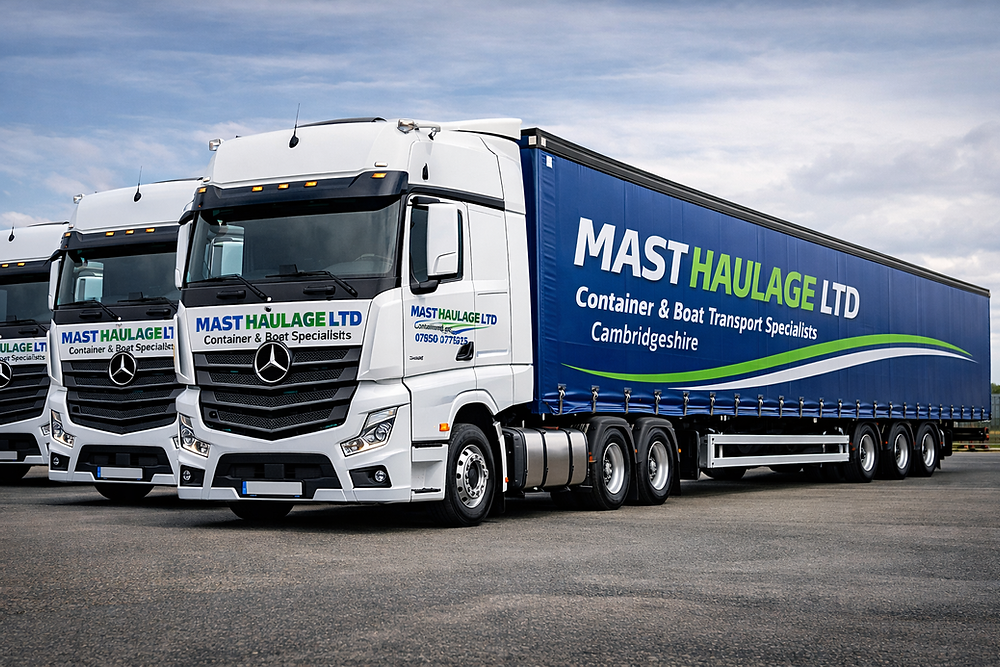 Mast Haulage LTD truck with blue trailer